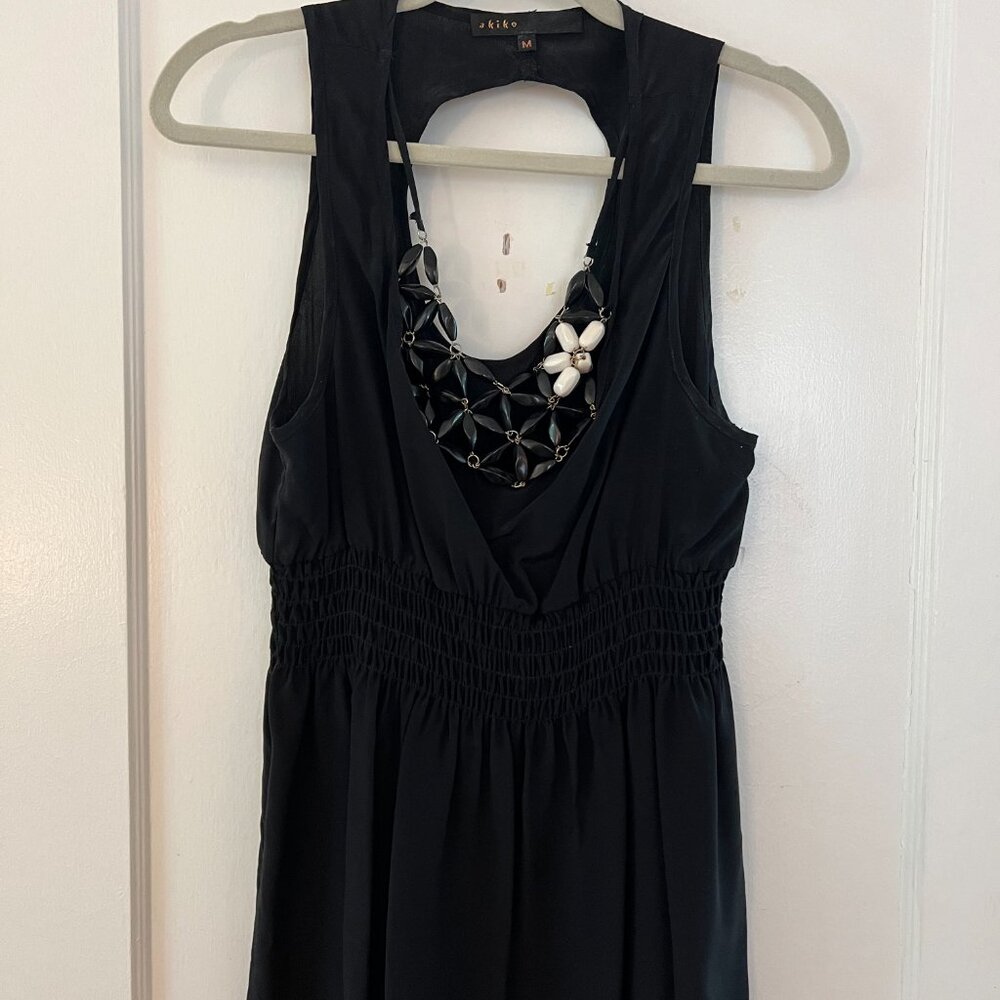 Akiko Black Silk Beaded Tank | Built-In Beaded Necklace Detail | Size M